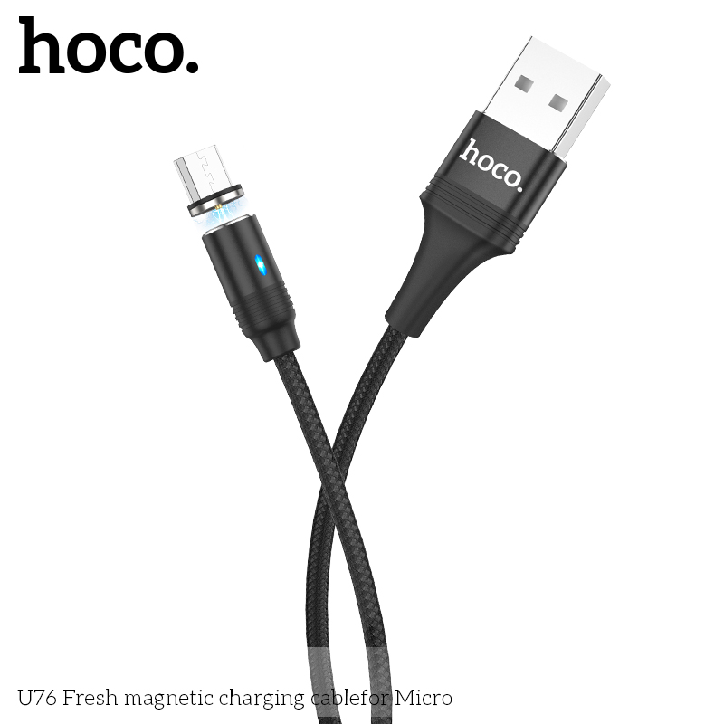 Cáp sạc từ 2.4A Hoco U76 Micro 1.2M (usbA ra Micro; a-m) loại từ hít nam châm, tự ngắt khi sạc đầy pin hàng chính hãng [BH 1 năm]