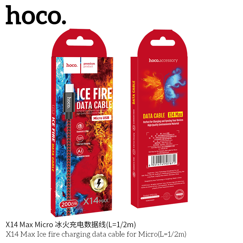 Cáp sạc nhanh 3A micro 2m HOCO X14 MAX 2 mét Samsung Micro dây dù chính hãng [BH 1 NĂM] / pktn sale