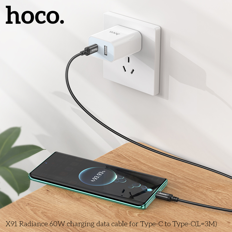 Cáp sạc nhanh 60w HOCO X91 (c-c 3m) 2 đầu Type-C ra Type-C dài 3 mét chính hãng [BH 1 năm]