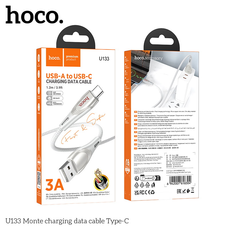 Cáp sạc nhanh 3A Hoco U133 usb ra Type C dây dù chính hãng [BH 1 Năm]