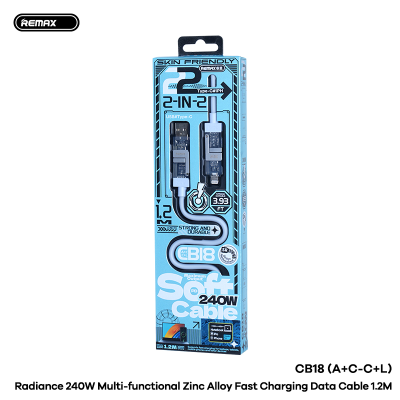 Cáp sạc đa năng 4 đầu REMAX CB18 cáp USB/Type C ra Type C/Iphone (A+C ra C+L) sạc nhanh 240w dài 1m2 chính hãng