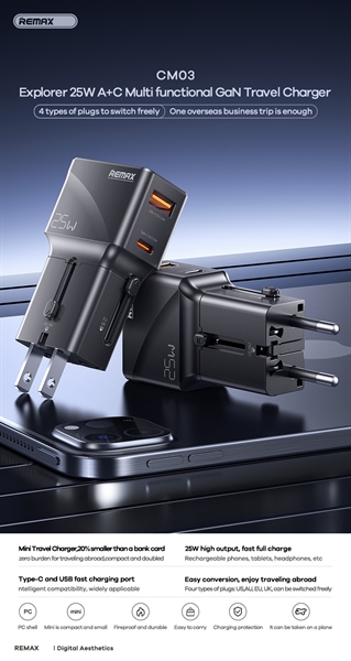 Bộ sạc ổ điện du lịch REMAX CM03 2500w kèm cóc sạc 25w (1 cổng type-c vs 1 cổng usb) đa năng chính hãng [BH 1 năm]