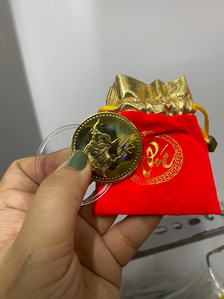 Hàng Lưu Niệm Đồng Xu Trâu Vàng kèm Túi Đựng / pktn sale