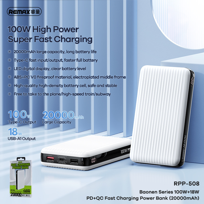 Pin sạc nhanh 100w laptop REMAX RPP-508 20.000mAh dự phòng QC3.0+PD (sạc được Laptop) chính hãng [BH 1 năm]