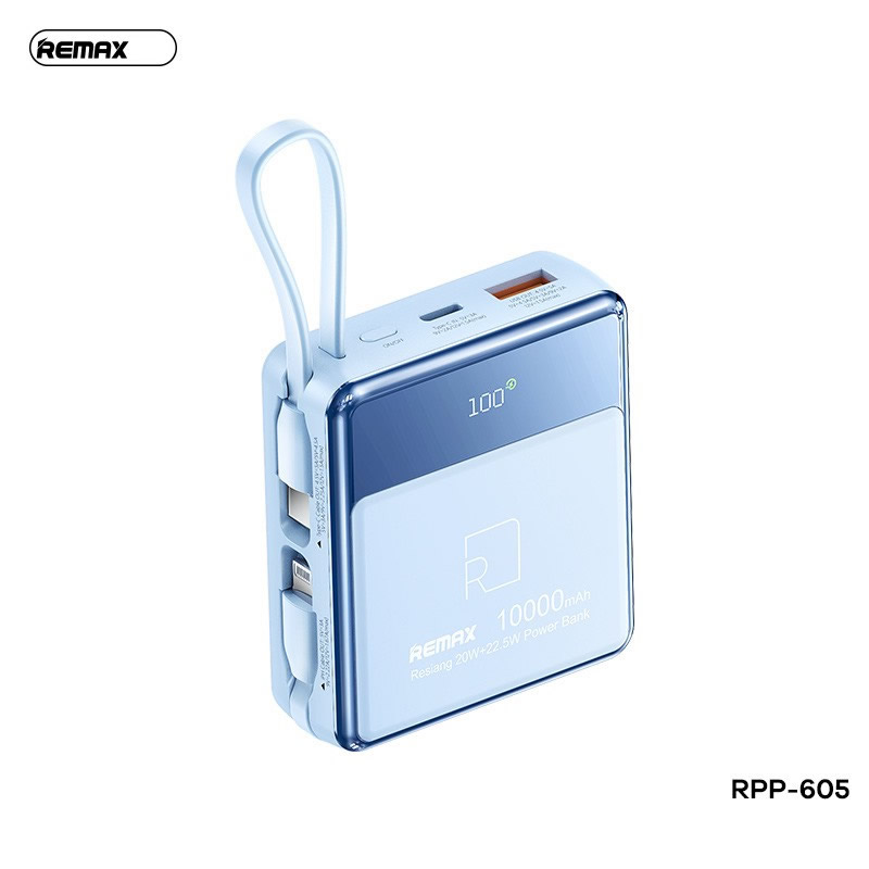 Pin sạc nhanh 22.5w REMAX RPP-605 10.000mAh dự phòng kèm 2 cáp sạc liền pin type c và lightning QC3.0+ PD chính hãng [BH 1 năm]