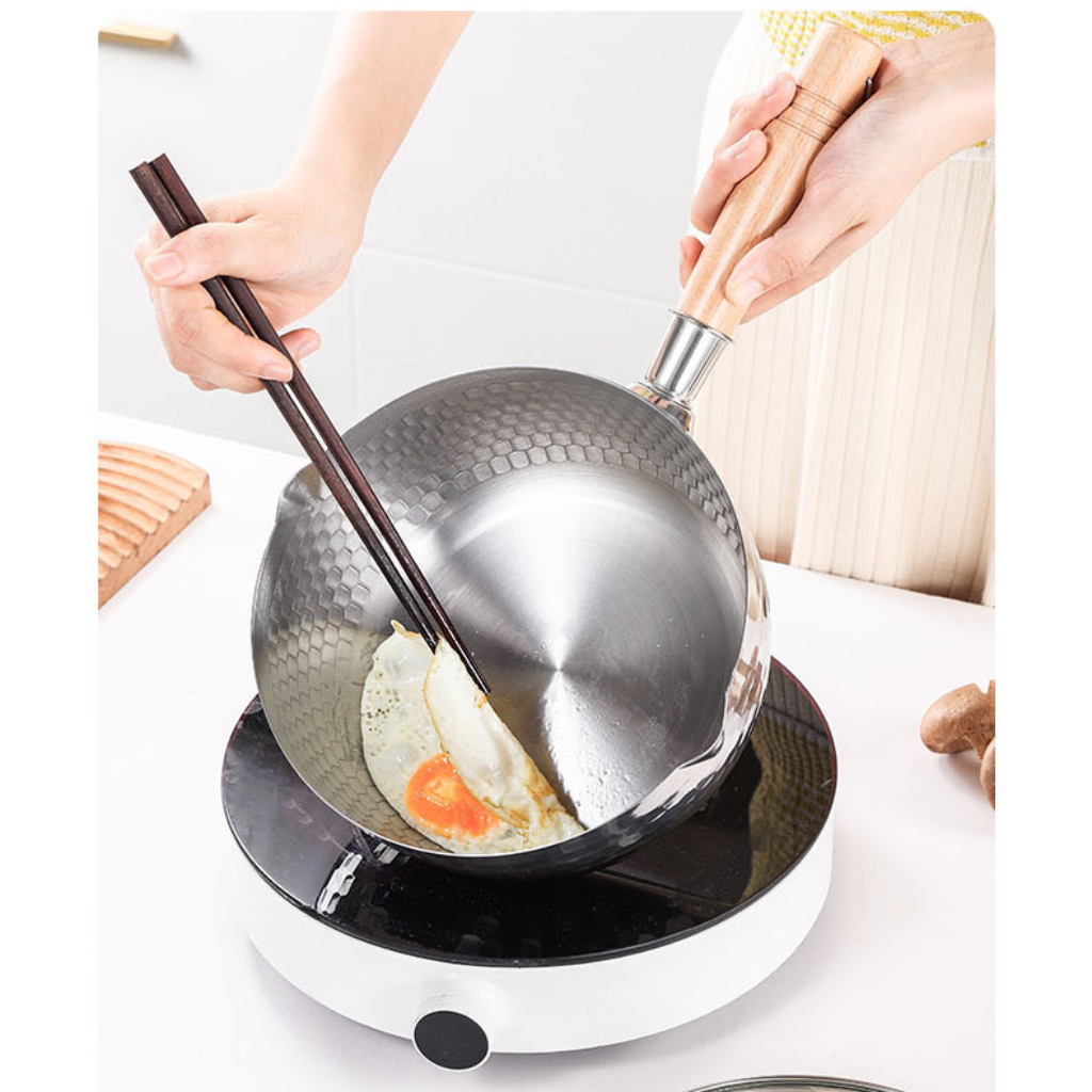 Chảo chống dính inox 18cm Japan, tay cầm cán gỗ cao cấp vân tổ ong sâu lòng [BH: NONE]