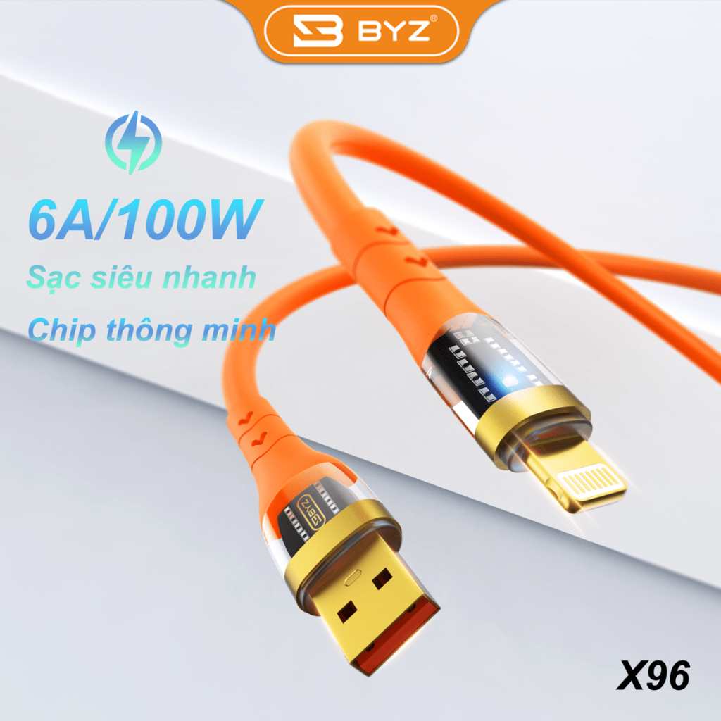 Cáp sạc nhanh PD 100W BYZ X96i (usb A ra iphone lightning) Dây silicon chính hãng [BH: 12 THÁNG]