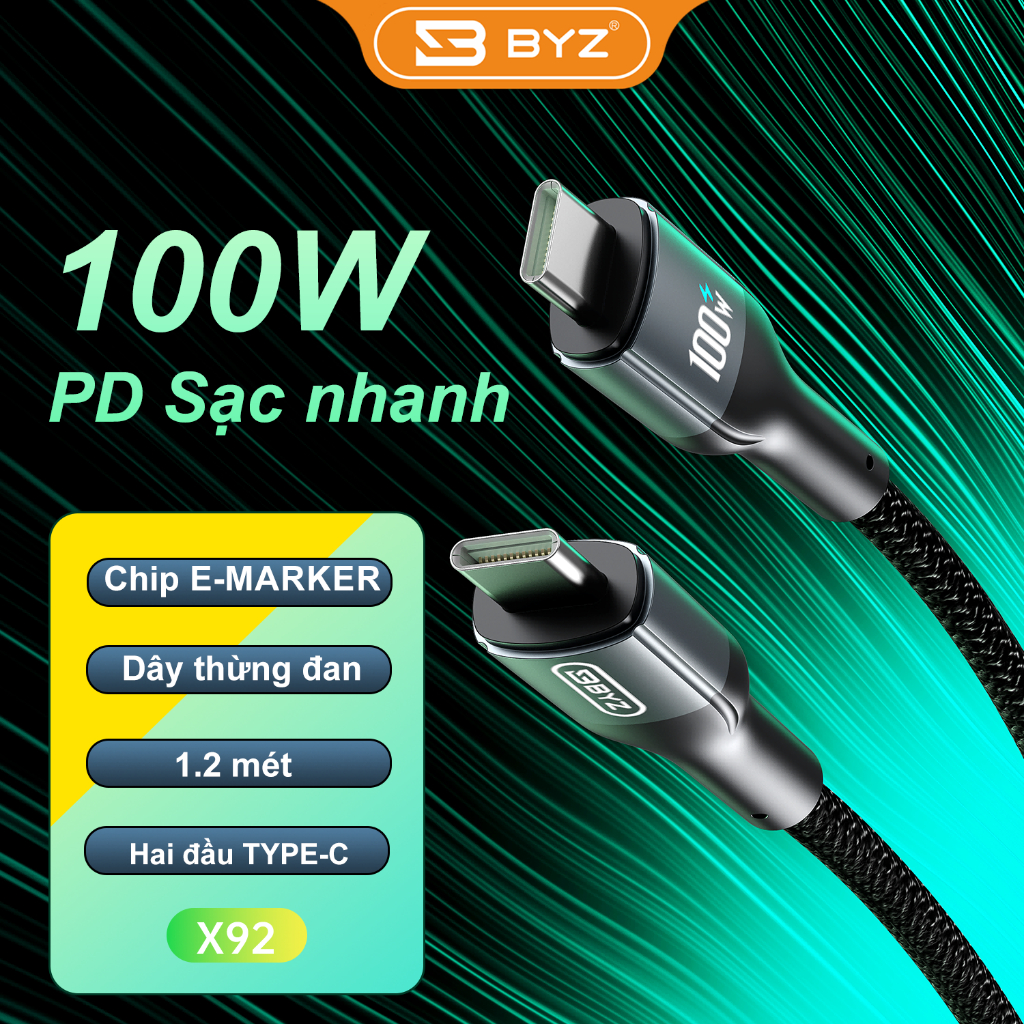 Cáp sạc nhanh PD100W BYZ X92 type C ra Type C dây dù (c-c) dài 1.2m chính hãng [BH: 12 tháng]