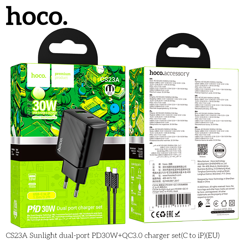 Bộ sạc nhanh 30W Hoco CS23A QC 3.0 c-l cổng Type-C ra Lightning chính hãng [BH 1 Năm]