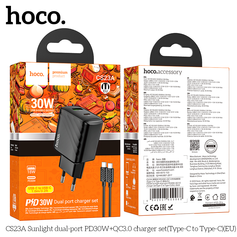 Bộ sạc nhanh 30W Hoco CS23A QC 3.0 c-c 2 đầu Type-C chính hãng [BH 1 Năm]