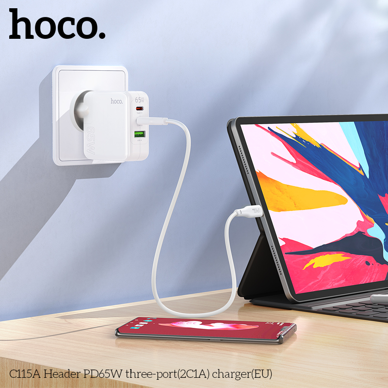 Cóc sạc nhanh 65w HOCO C115A (2C1A) (2 cổng type-c PD vs 1 cổng usb QC3.0) đa năng 3 cổng chính hãng [BH 1 năm]