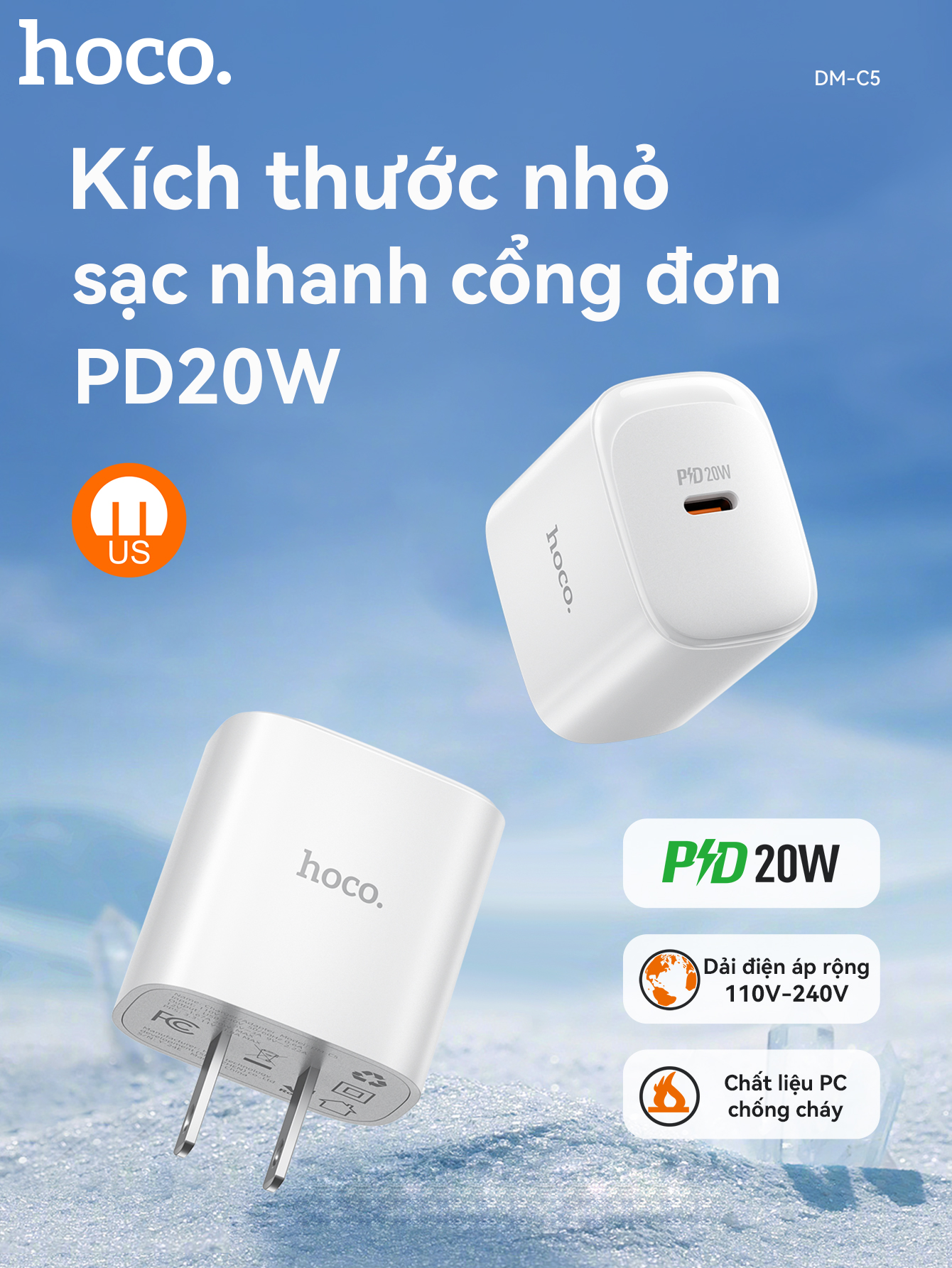 Cóc sạc nhanh 20w HOCO DMC5 1 cổng type-c PD chính hãng DM-C5 [BH 1 Năm]