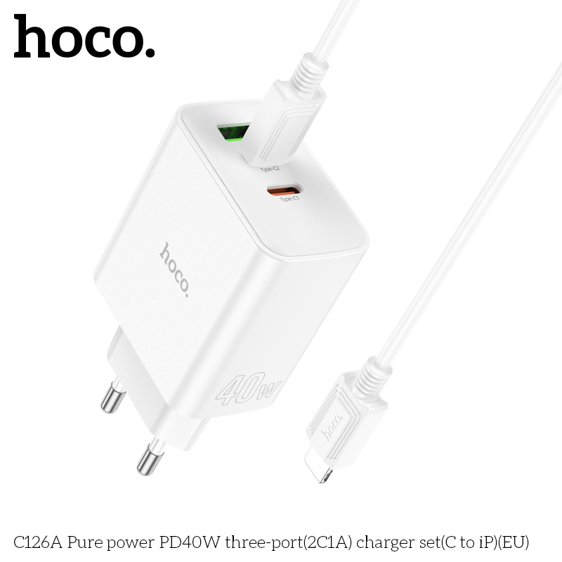 Bộ sạc nhanh 40w HOCO C126A (C-L) (cóc 1 cổng usb QC3.0 vs 2 cổng type-c PD) 3 cổng 2C1A kèm cáp cổng Type C ra iPhone Lightning chính hãng [BH: 1 NĂM]