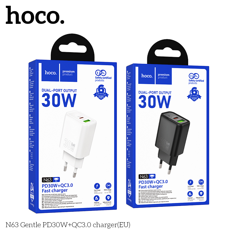 Cóc sạc nhanh 30w Hoco N63 Gentle PD30W+QC3.0(EU) chính hãng