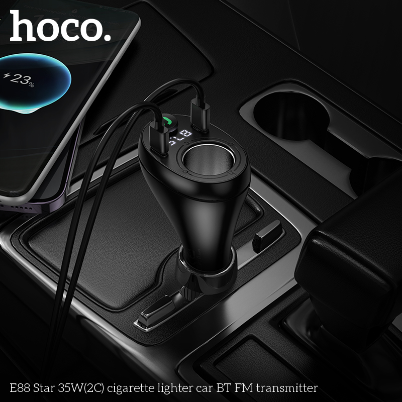 Cóc sạc nhanh 35w xe hơi HOCO E88 có bluetooth, FM, đồng hồ, tẩu nối, 2 cổng type-c chính hãng [BH 1 năm]