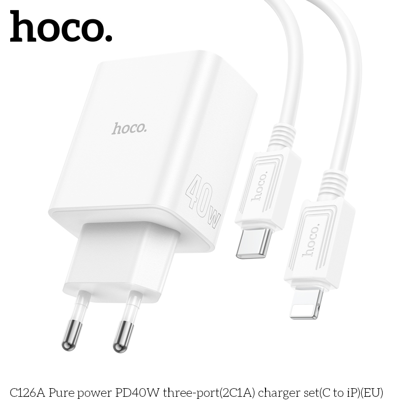 Bộ sạc nhanh 40w HOCO C126A (C-L) (cóc 1 cổng usb QC3.0 vs 2 cổng type-c PD) 3 cổng 2C1A kèm cáp cổng Type C ra iPhone Lightning chính hãng [BH: 1 NĂM]