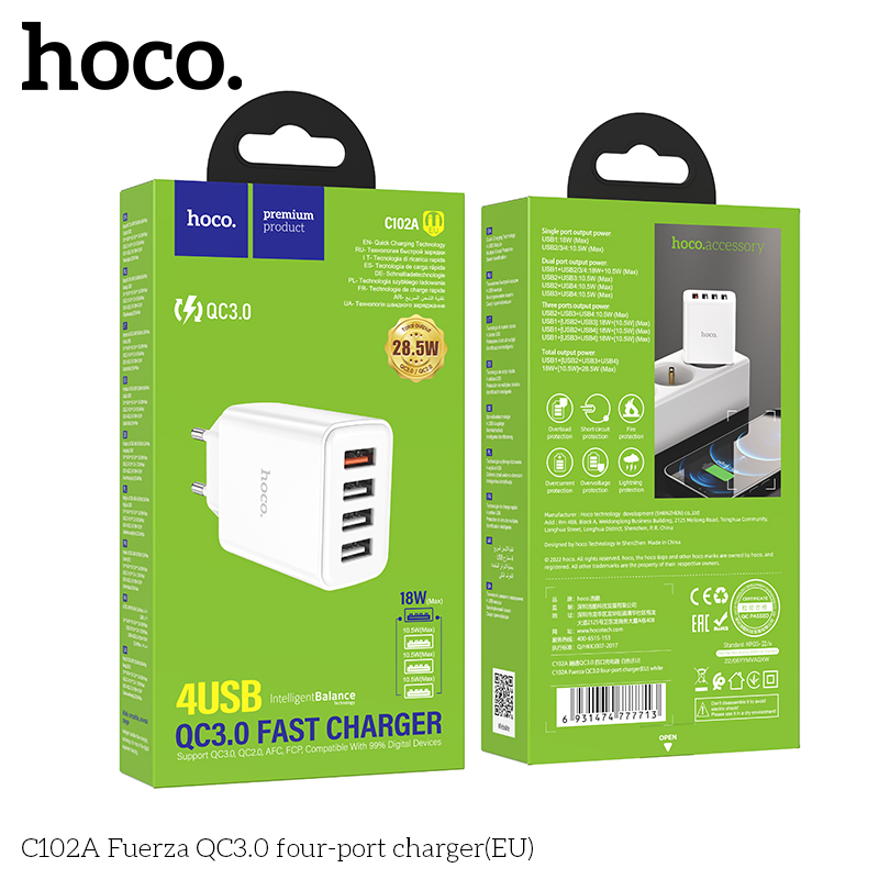 Cóc sạc nhanh 28.5w Hoco C102A đa năng 4 cổng usb QC3.0 chính hãng [BH 1 năm]