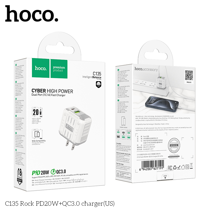 Cóc sạc nhanh 20w HOCO C135 Rock (1C 1U: 1 cổng type-c PD vs 1 cổng usb QC3.0) chính hãng [BH 1 năm]