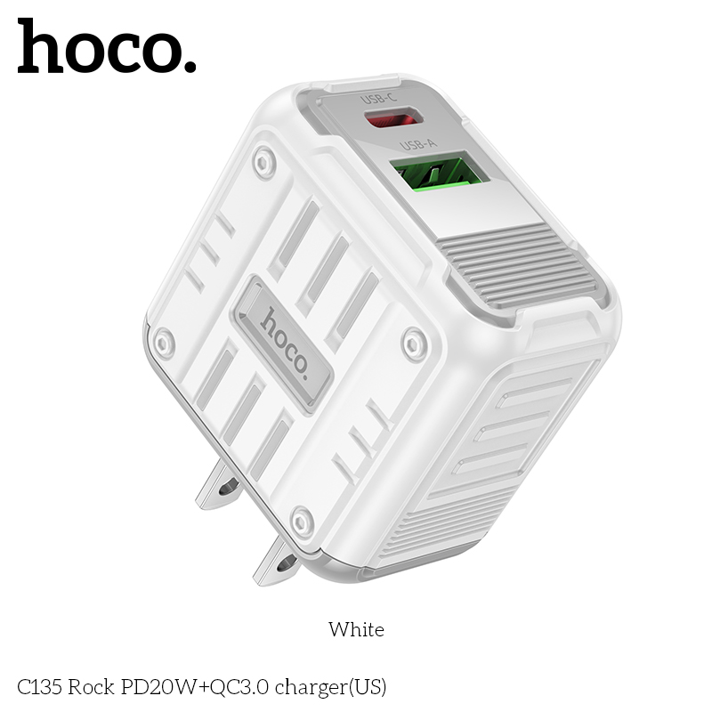 Cóc sạc nhanh 20w HOCO C135 Rock (1C 1U: 1 cổng type-c PD vs 1 cổng usb QC3.0) chính hãng [BH 1 năm]