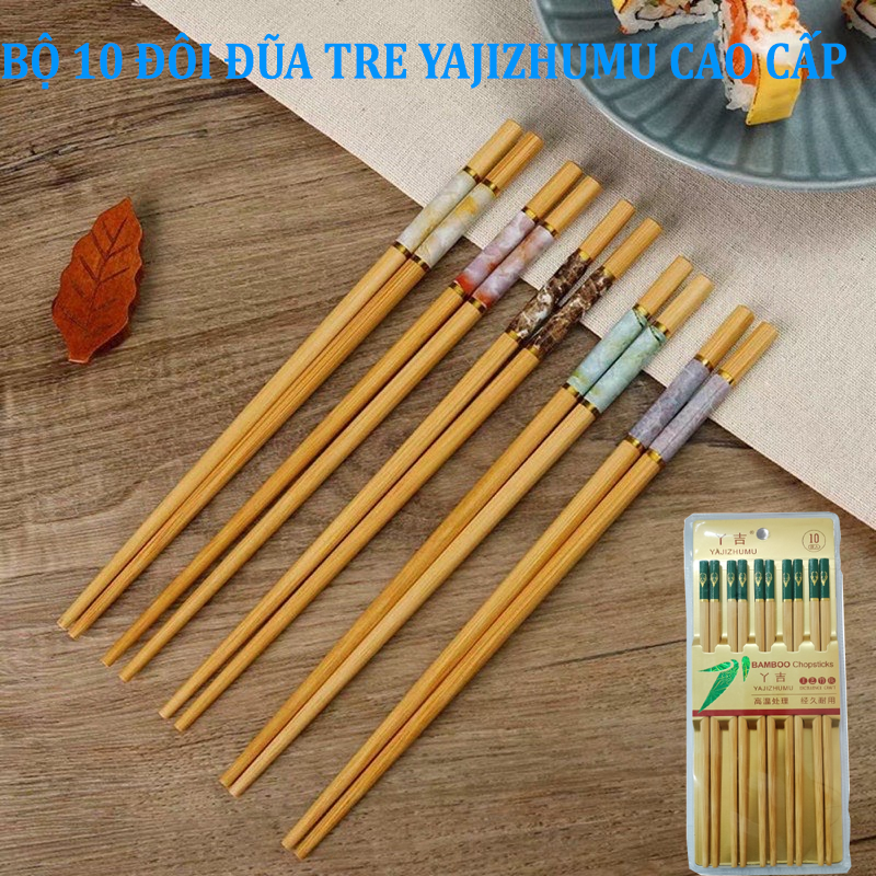 Combo 10 đôi đũa tre Bamboo Chopsticks YJZM đầu đũa có hoa văn giả vân đá sang trọng