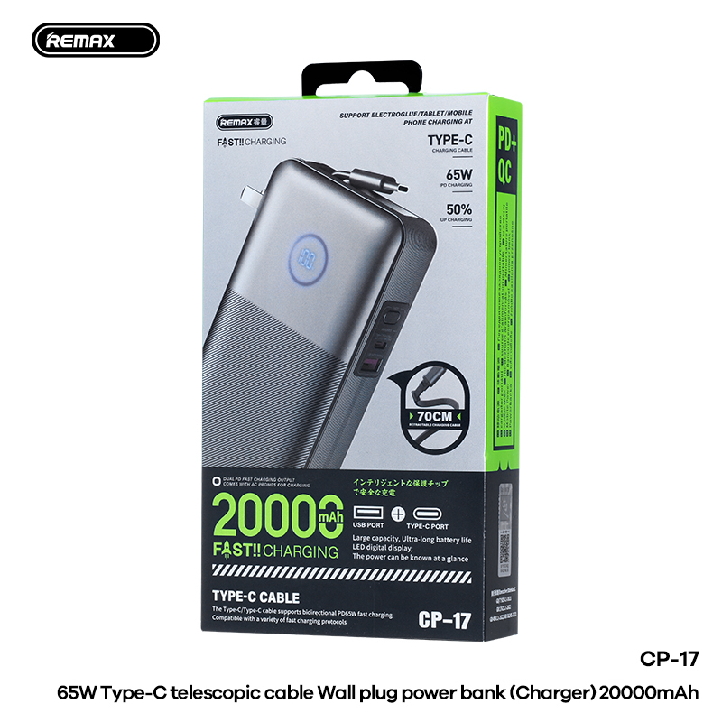 Pin sạc dự phòng REMAX FC-17 20000mAh pin sạc nhanh 65w+QC3.0 kiêm phích cấm 220v kèm màn hình led siêu đẹp