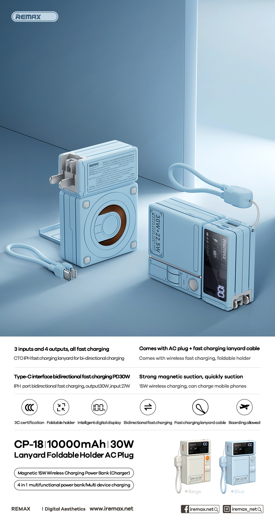 Pin sạc dự phòng REMAX CP-18 10.000mAh sạc không dây 15w sạc dây 30w kèm phích cắm điện 220v chính hãng