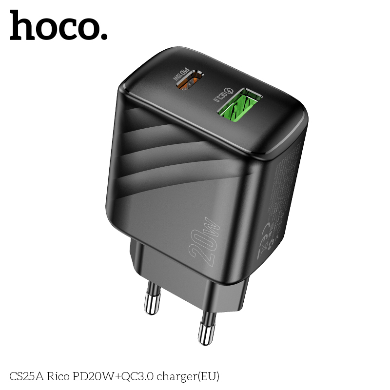 Cóc sạc nhanh 20w HOCO CS25A cóc 2 cổng 1U 1C EU chân tròn chính hãng