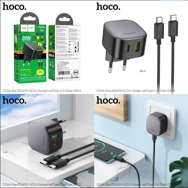 Bộ sạc HOCO CS32A (c-c) sạc nhanh 20w+QC3.0 cóc 2 cổng 1U 1C kèm cáp 2 đầu Type C chính hãng
