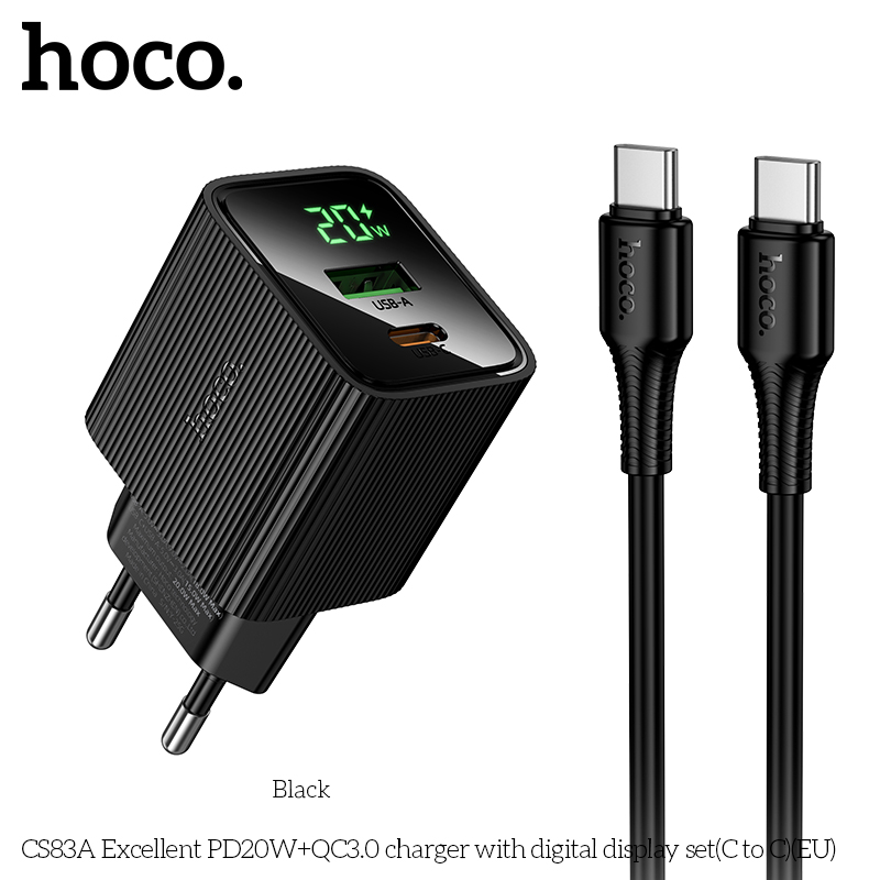 Bộ sạc nhanh 20w HOCO CS83A (c-c) cóc 2 cổng (1 usb 1 type c) kèm cáp 2 đầu Type C chính hãng