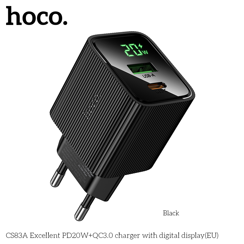 Cóc sạc nhanh 20w HOCO CS83A cóc 2 cổng (1 cổng USB 1 cổng Type C) kèm màn hình LCD báo sạc chính hãng