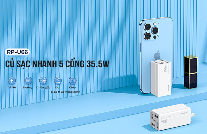Cóc sạc nhanh 35.5w 5 cổng REMAX RP-U66 (4 cổng usb + 1 cổng type c) chính hãng [BH 1 năm]