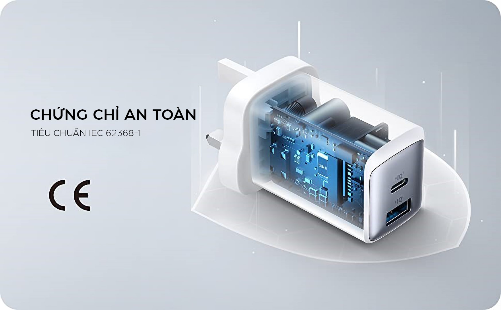 Cóc sạc nhanh 65w Anker 725/  A2325  (1 cổng type-c vs 1 cổng usb) chính hãng (trắng) [BH 1 năm]