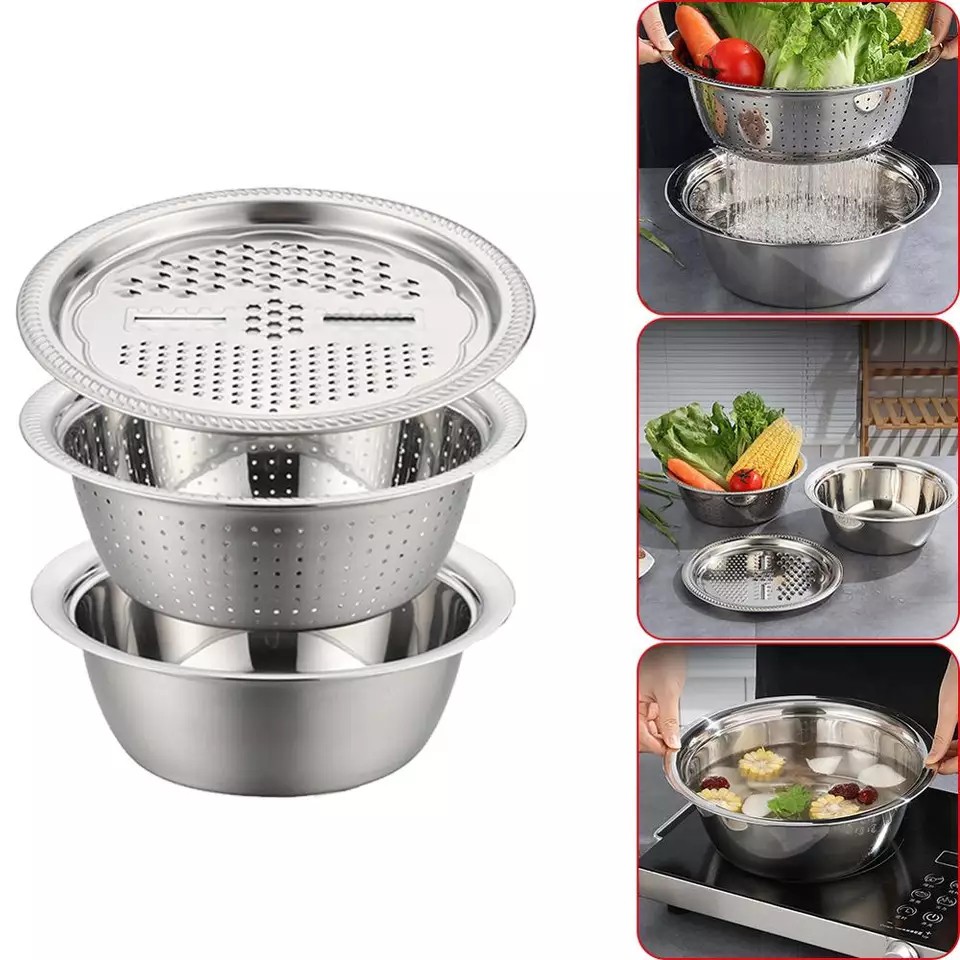 Bộ 3 chi tiết Thau bào kiêm rổ đựng rau củ quả inox [BH: NONE]