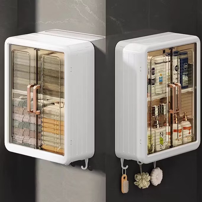 Tủ đựng mỹ phẩm, tủ đựng đồ đa năng 3 tầng dán tường kèm 4  móc treo khăn, chìa khóa, bông tắm v.v [BH: NONE]