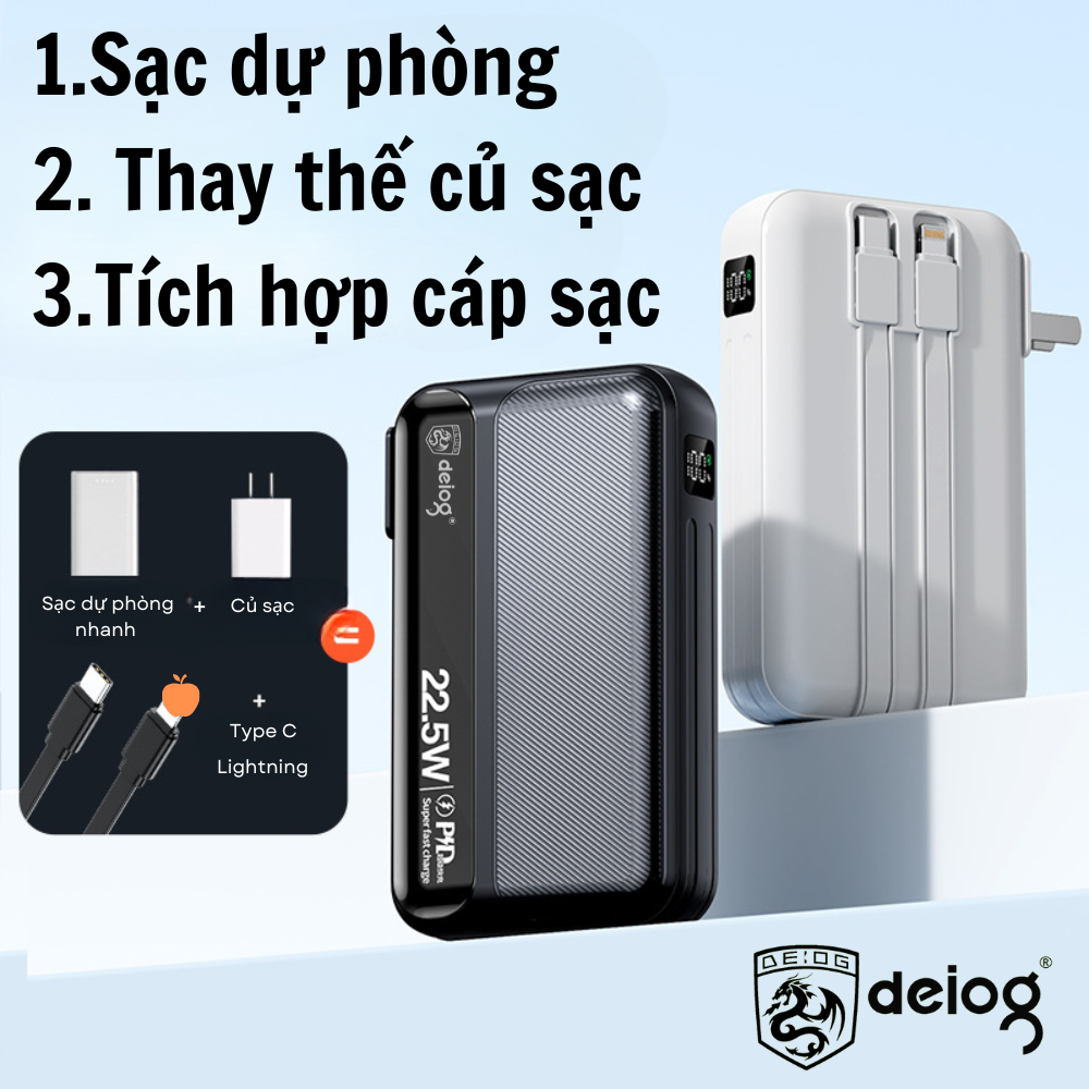 Pin sạc dự phòng Deiog Dy-101 20000mah sạc nhanh 22.5W kèm cáp liền pin chính hãng [BH 1 Năm]