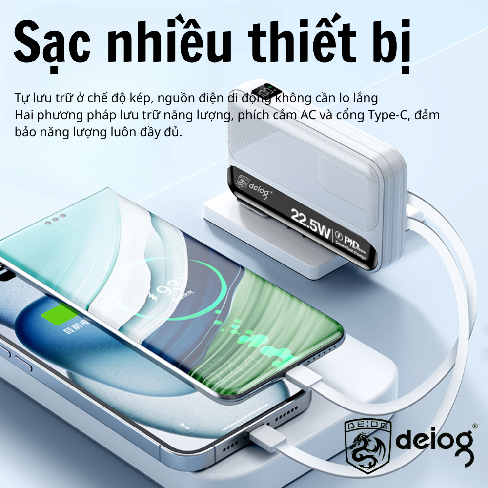 Pin sạc dự phòng Deiog Dy-101 20000mah sạc nhanh 22.5W kèm cáp liền pin chính hãng [BH 1 Năm]
