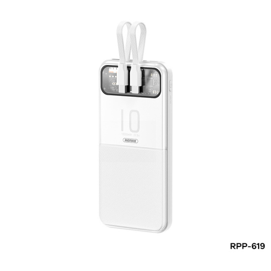 Pin sạc nhanh 22.5w Remax RPP-619 10.000mAh dự phòng PD QC3.0 chính hãng, kèm cáp liền pin, trong suốt lộ mạch [BH 1 năm]