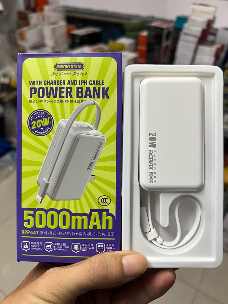 Pin sạc nhanh 20w REMAX RPP-517 5.000mAh dự phòng kèm cáp liền pin, ghim sạc ổ điện [BH: 1 năm]