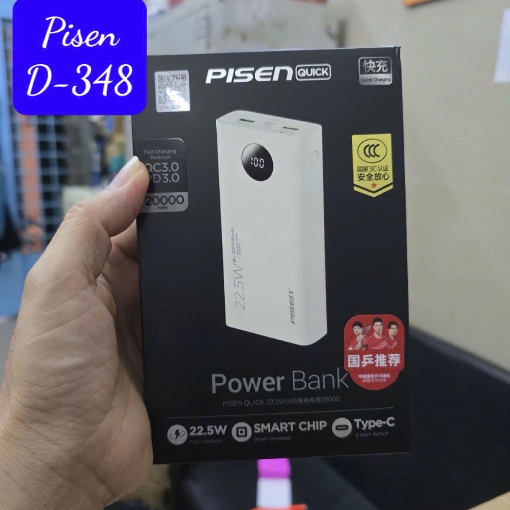 Pin sạc nhanh 22.5W Pisen D-348, dung lượng 20.000mAh, có màn hình hiển thị % pin [BH: 1 NĂM]