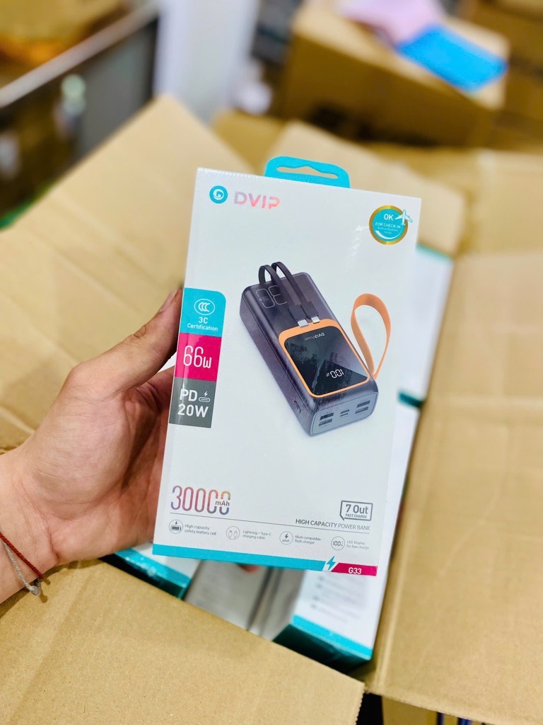 Pin sạc nhanh 66W DVIP DV- G33 30.000mAh có màn hình hiển thị % pin kèm 2 cáp liền thân, có dây treo [BH: 6 THÁNG]