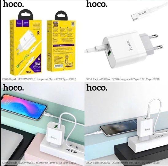 Bộ sạc nhanh 20w HOCO C80A (c-c) cóc 2 cổng 1 cổng sạc usb 1 cổng sạc Type C kèm cáp 2 đầu Type C chính hãng