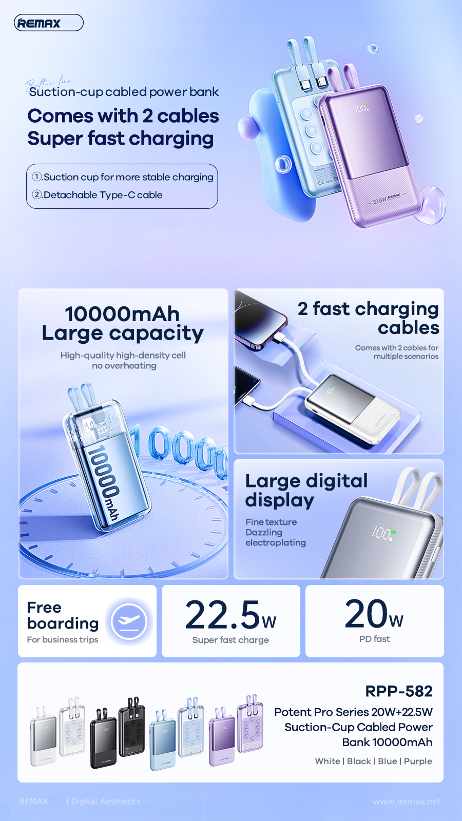 Pin sạc nhanh 22.5w REMAX RPP-582 10.000mAh dự phòng kèm cáp liền pin, đế hít chính hãng PD QC3.0 [BH 1 năm]