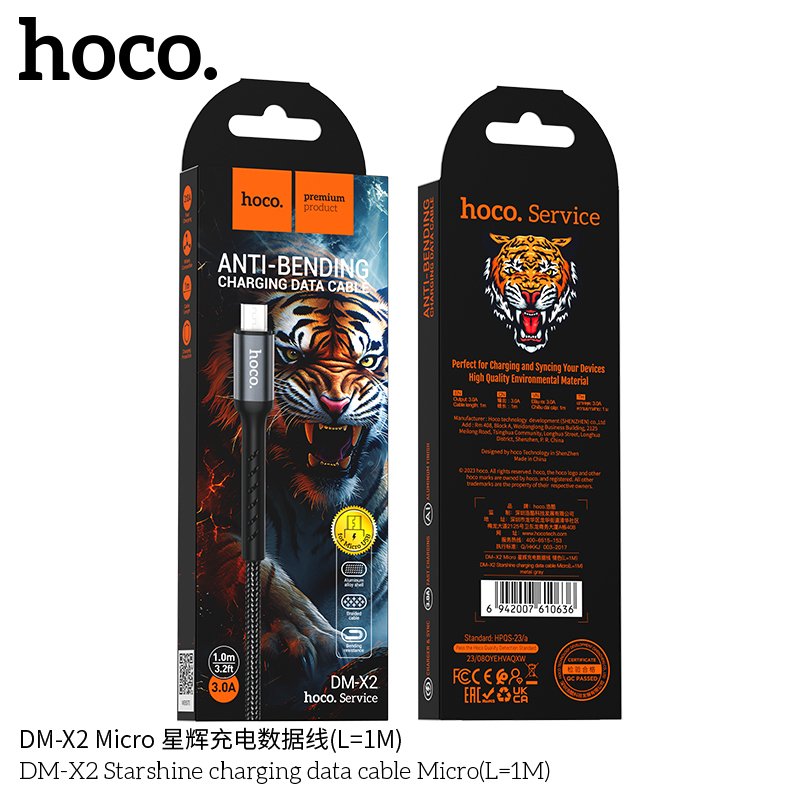 Cáp sạc 3A HOCO DM-X2 Micro (usbA ra Micro; a-m) dây dù chính hãng 1m