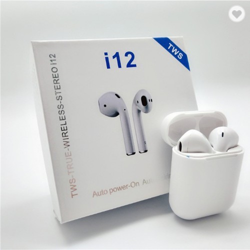 Tai nghe bluetooth i12 trắng trơn (2 tai có doc sạc, ko nút cao su) [BH: 3 THÁNG]