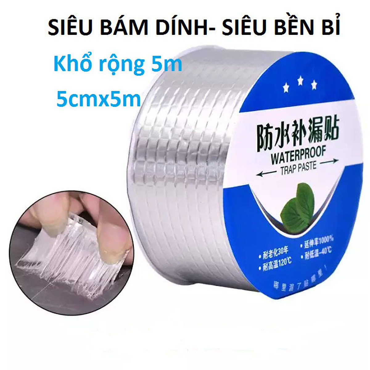 Băng Keo 5cm x 5m (Xanh) Siêu Dính Vá Lỗ Thủng, Khe Nứt Mưa Dột Tôn Trong Mọi Điều Kiện Môi Trường siêu đàn hồi siêu chống thấm