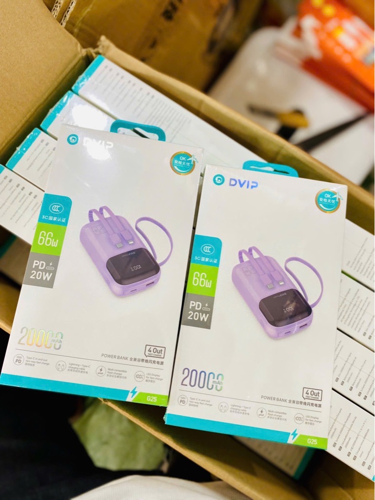 Pin sạc nhanh 66W DVIP DV-G25 20.000mAh có màn hình hiển thị % pin kèm 2 cáp liền thân, nhỏ gọn có dây đeo [BH: 6 THÁNG]