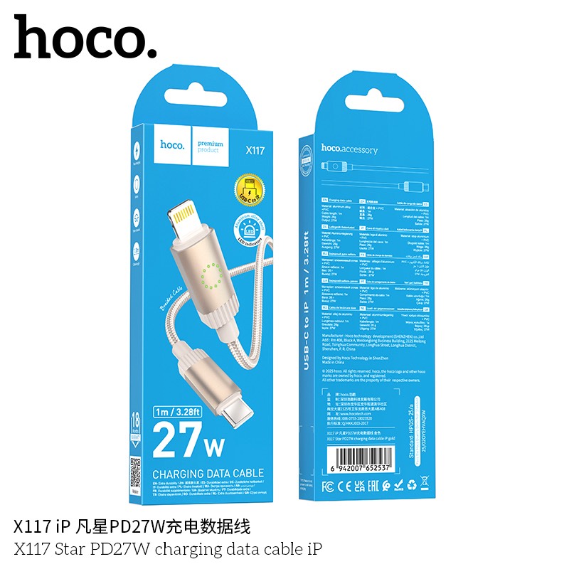 Cáp sạc nhanh 27w HOCO X117 (C-L) type c ra iphone lightning PD chính hãng [BH 1 năm]