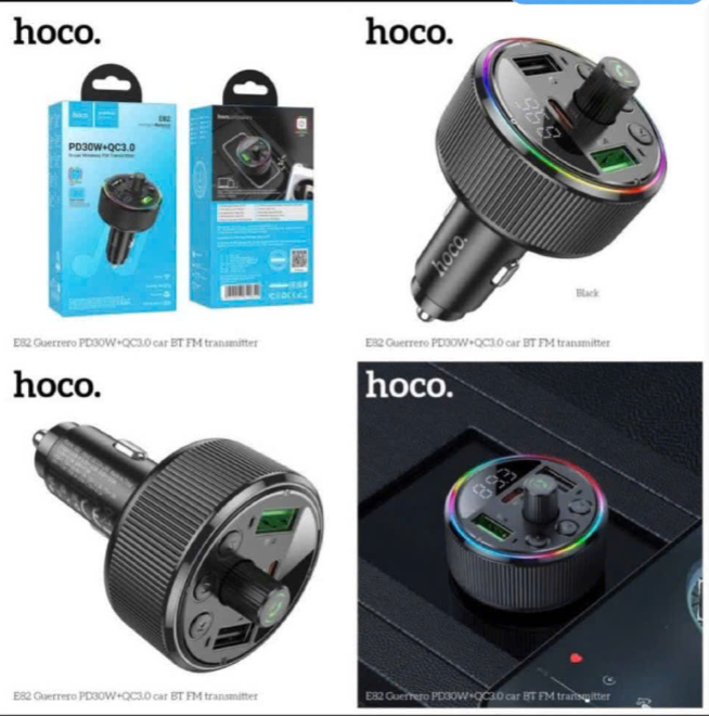Cóc sạc nhanh 30w xe hơi HOCO E82 phát FM Bluetooth, led RGB, tẩu 1 cổng Type C, 2 cổng USB chính hãng [BH 1 năm]