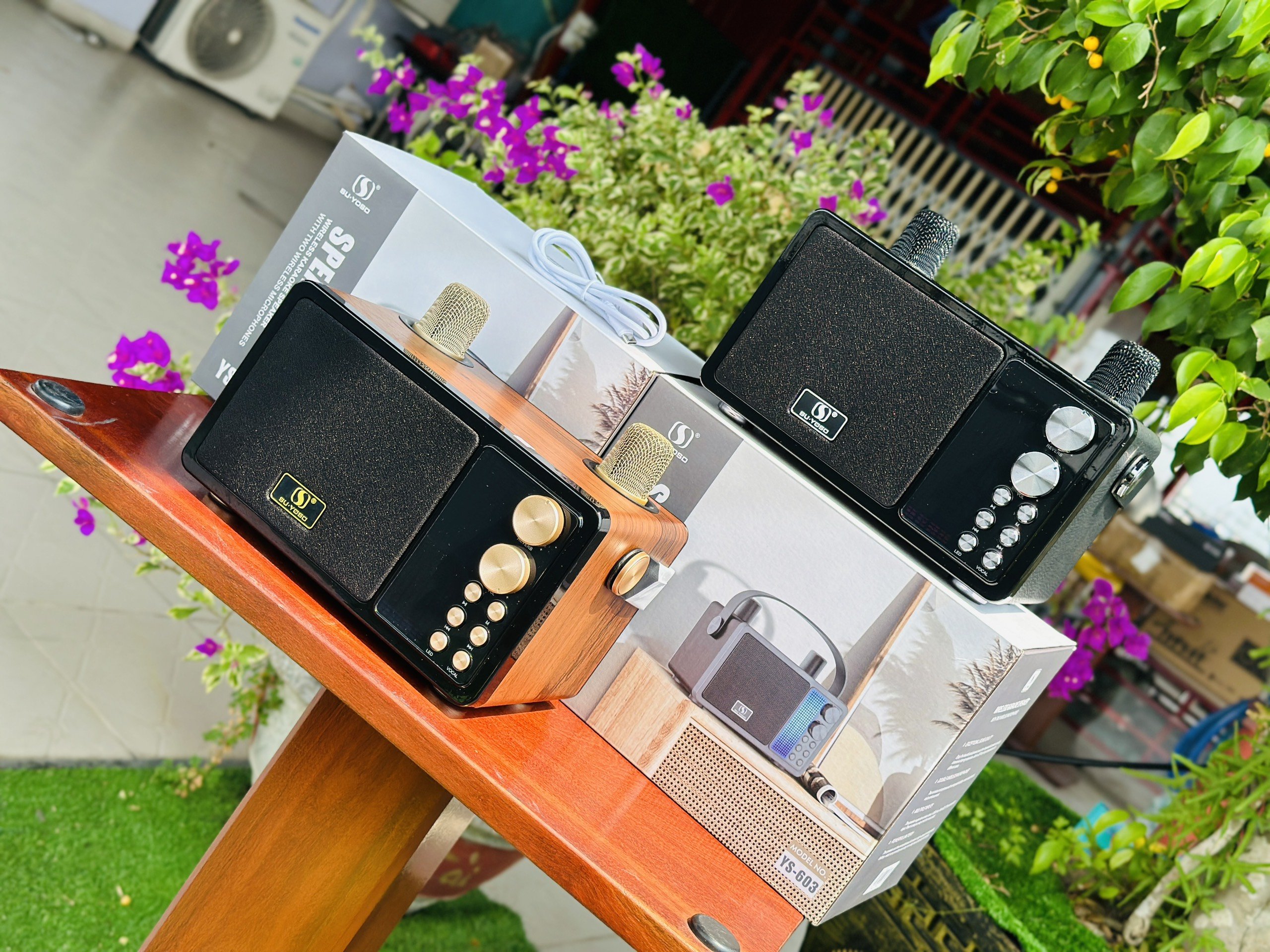 Loa bluetooth karaoke YOSD YS-603 kèm 2 micro không dây siêu đẹp cực hay xách tay chính hãng [BH 6 tháng]