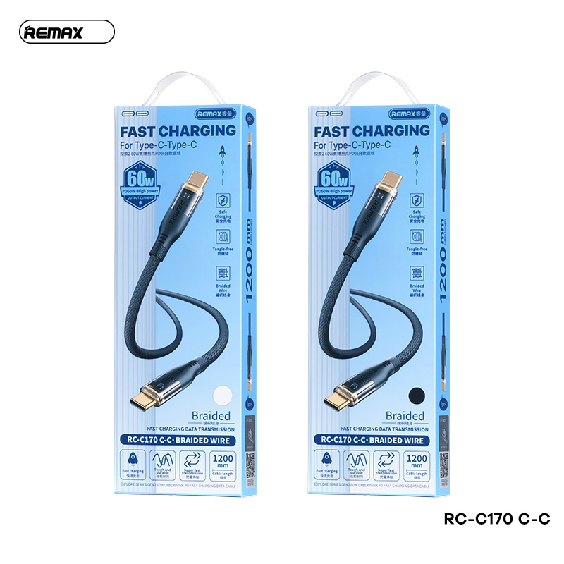 Cáp sạc nhanh 60W Remax RC-C170 C-C Type C ra Type C 1M2 chính hãng [BH 1 năm]